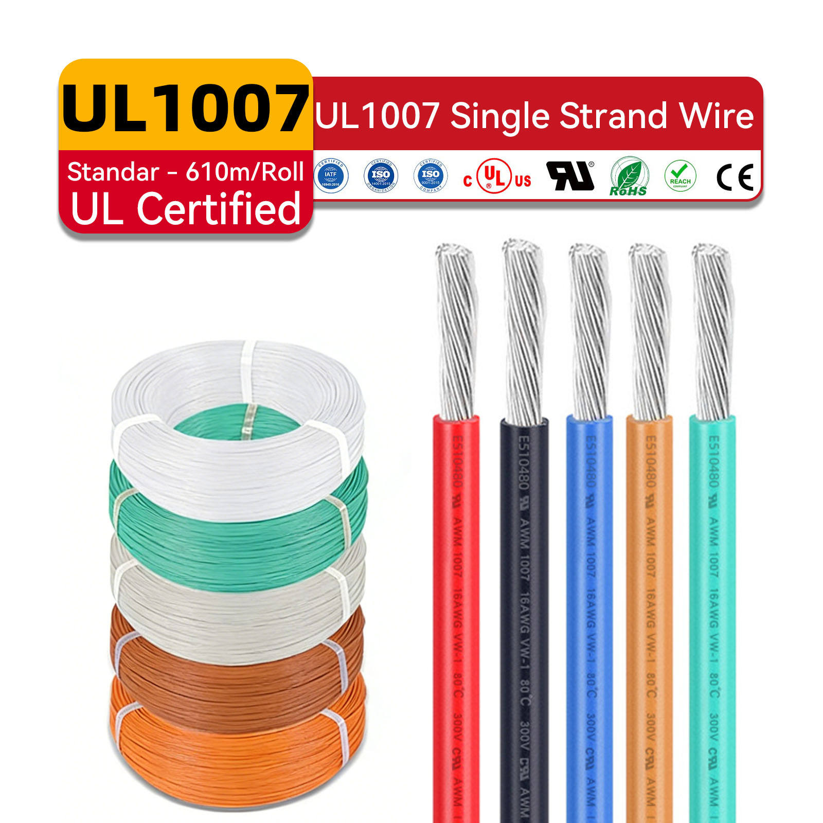 Awm 1007 Electronic Wires 28 26 24 22 20 18 16AWG Single-Core Cable 20AWG 22AWG 24AWG 26AWG 28AWG 80℃ 300V PVC 1007 Hook-up Wire