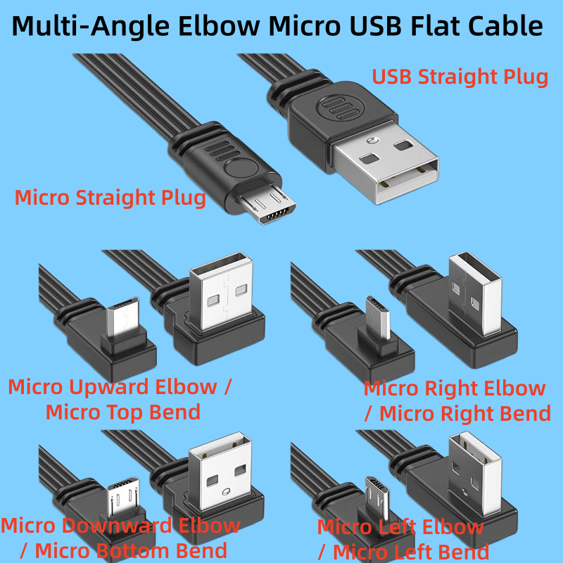 90 Degree Left Right Up Down Elbow USB C To USB A Flat Cable 2A Fast Charging Data Sync Short Ribbon Cable For Mobile Phone Game Console