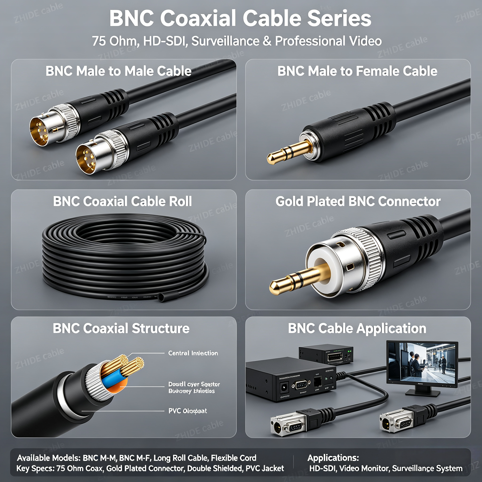 BNC Coaxial Cable RG59 75 Ohm for Surveillance & HD-SDI Video Transmission