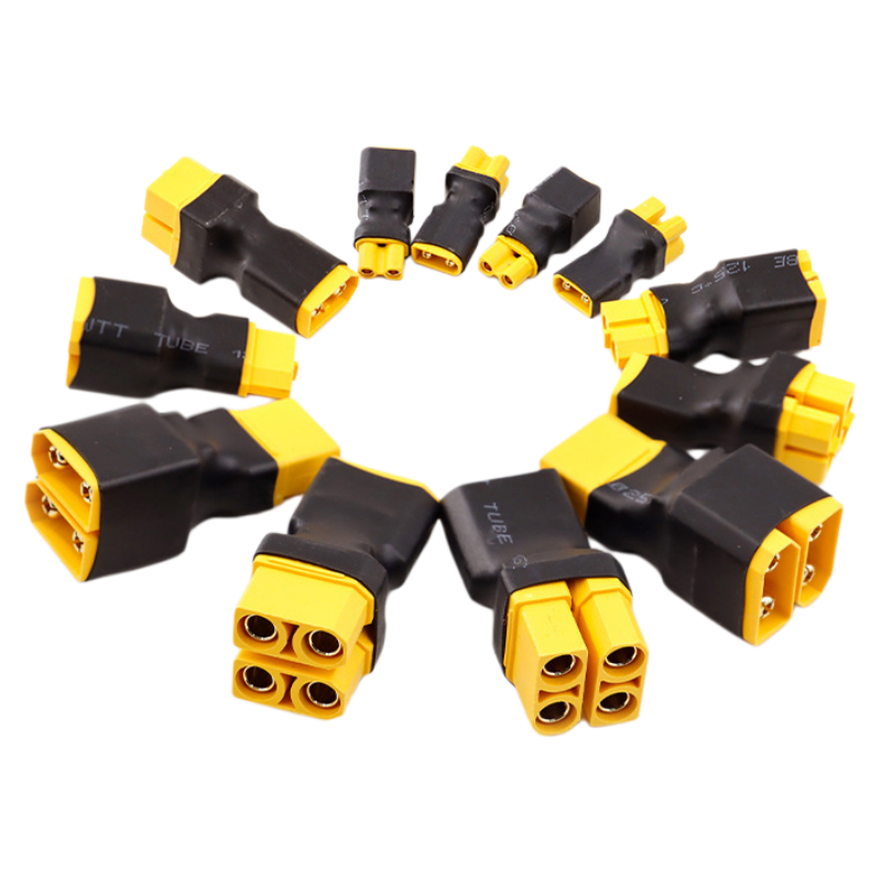 XT60 XT90 T-plug series & parallel adapter, gold plated contacts, low resistance. Used for RC drone, car Lipo battery pack connection. Multiple models available, custom wiring harness service.