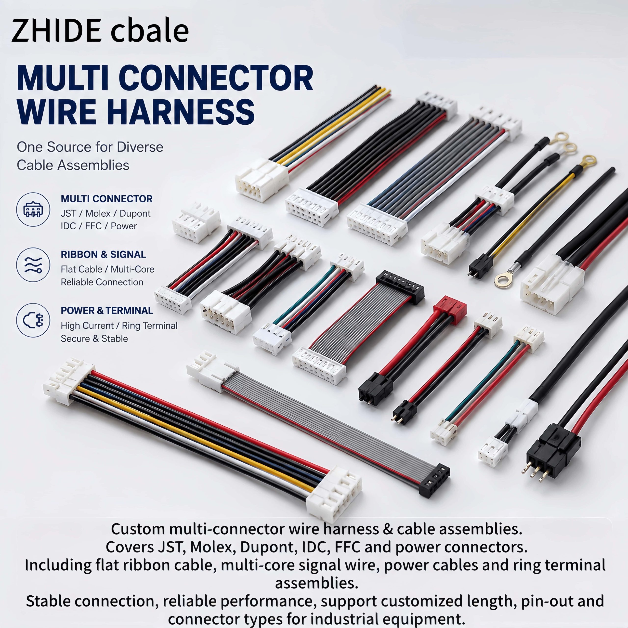 Custom Multi‑Connector Wire Harness | JST Molex Dupont IDC FFC Power Cable Assembly For Industrial Equipment